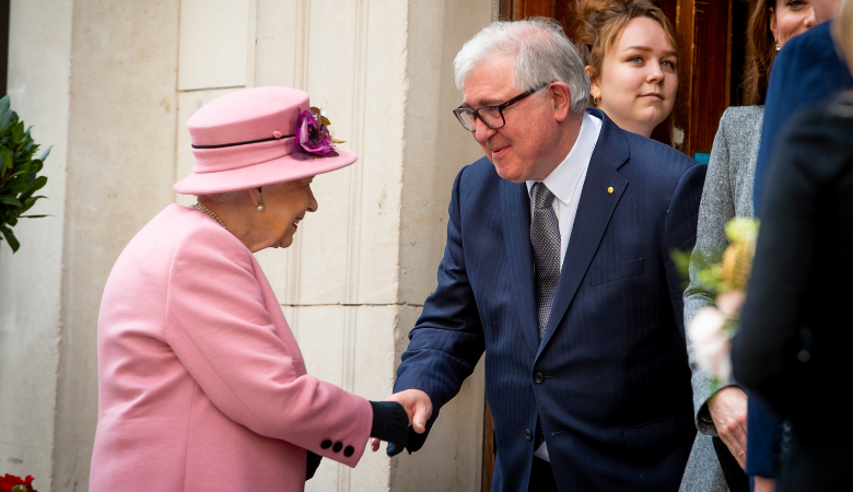 Photograph of HM The Queen meeting Ed Byrne at the opening of Bush House 2019.